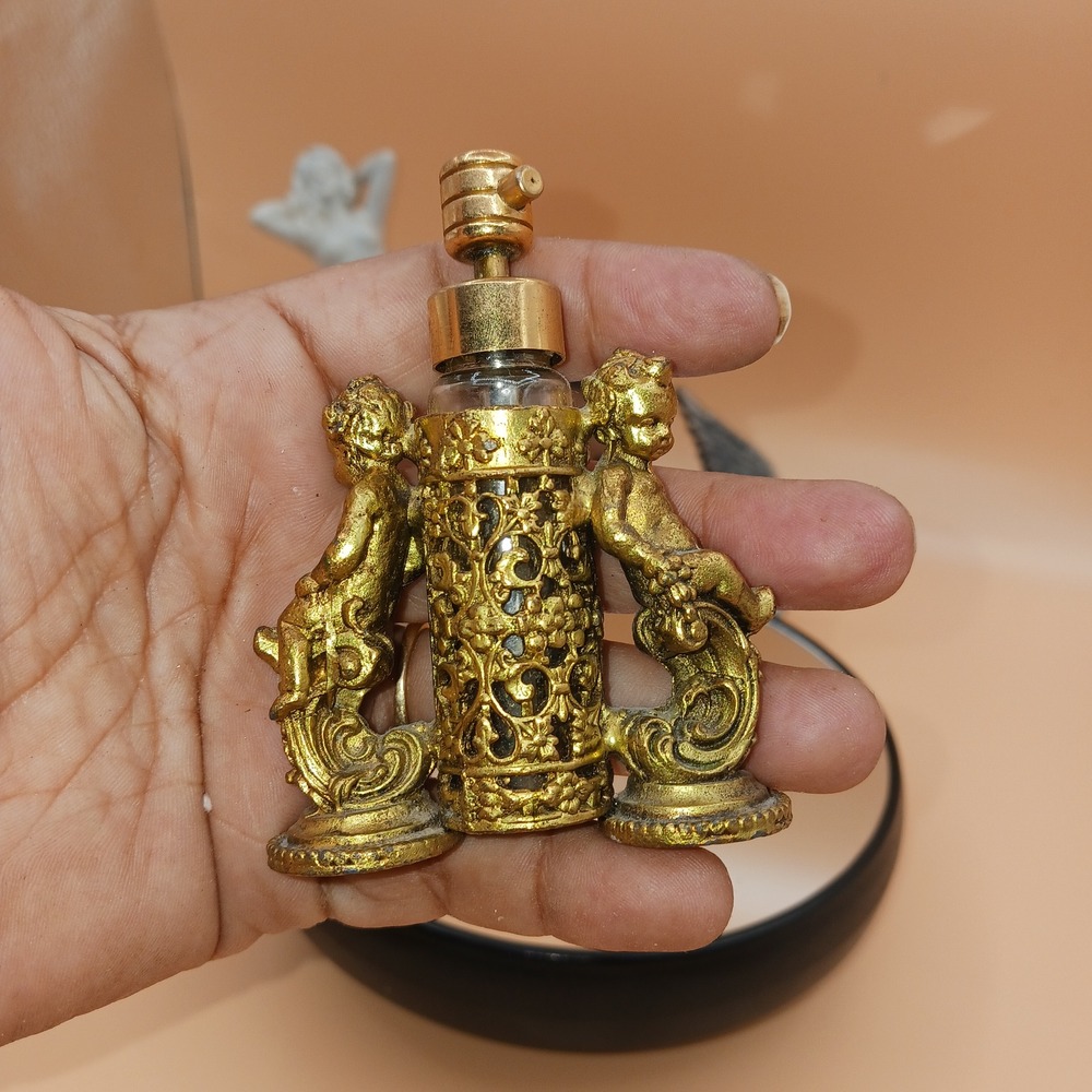 Vintage Gold Ormolu Perfume bottle w holder Double Cherub Filigree Vanity decor